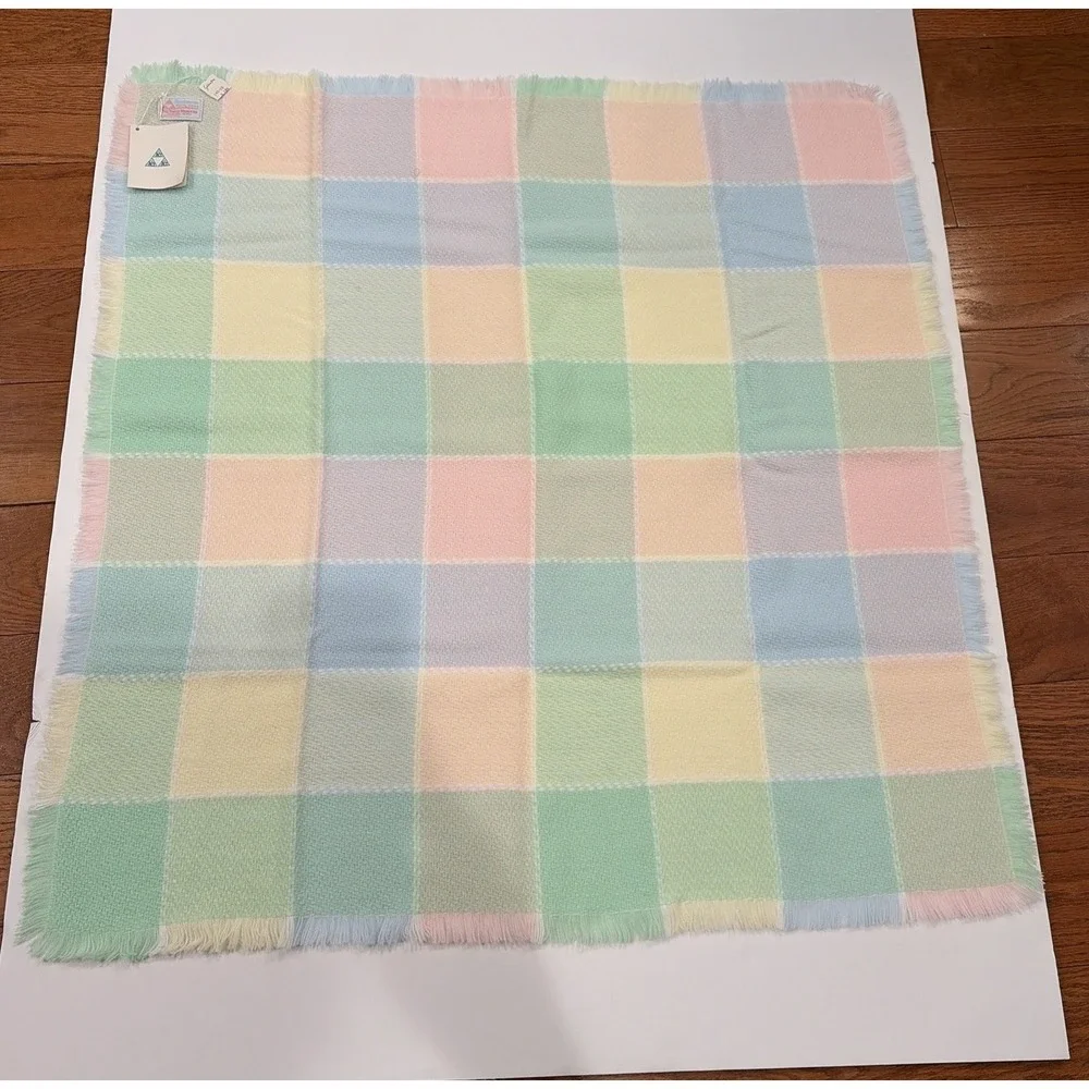 Baby Blanket Three Weavers Pastel Pink Blue Green Squares Acrylic NWT Vintage